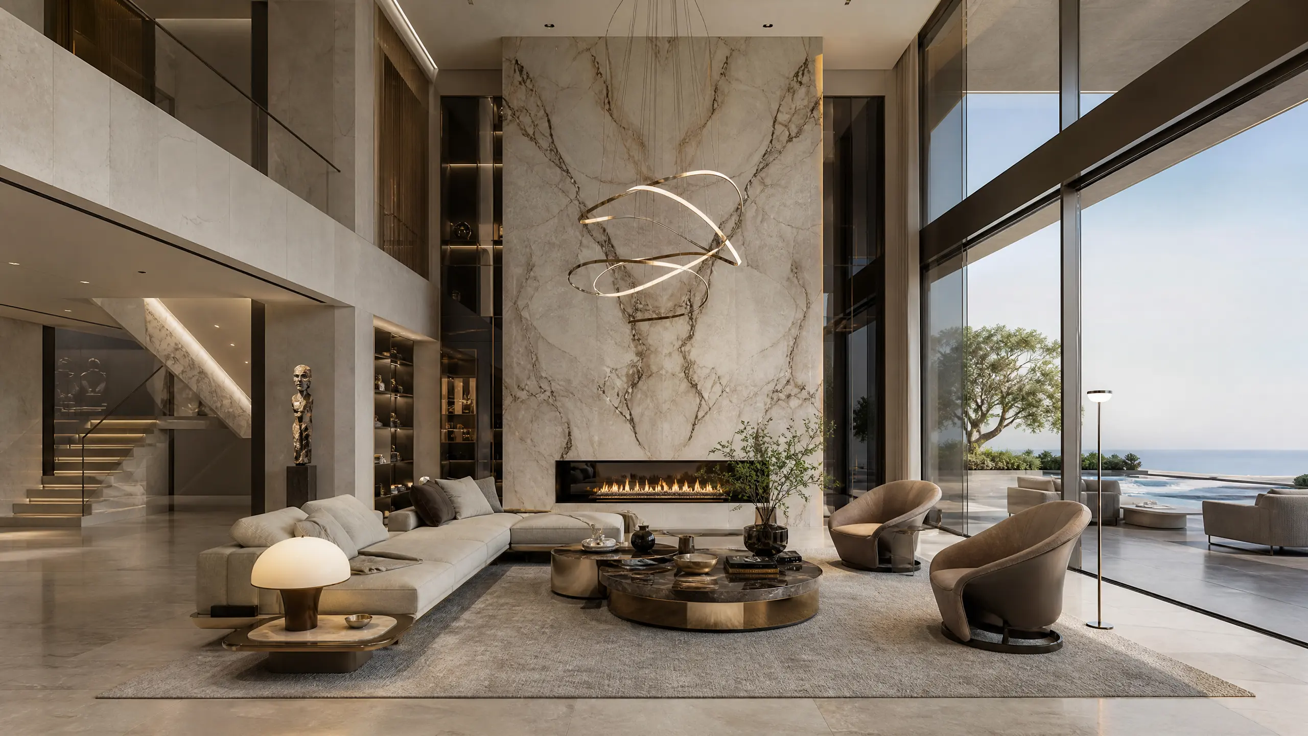 Contemporary Luxury Villa Interior With Double-Height Marble Fireplace Wall