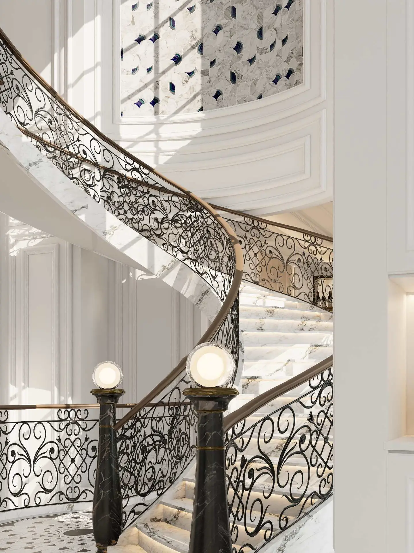 Curved Marble Stairs With Ornate Iron Railing