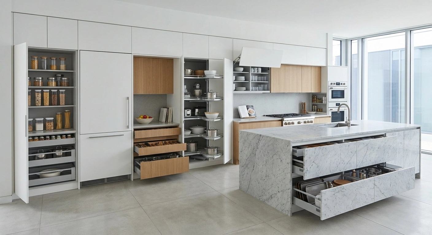 Custom Kitchen Cabinet Storage System With Tall Pantry
