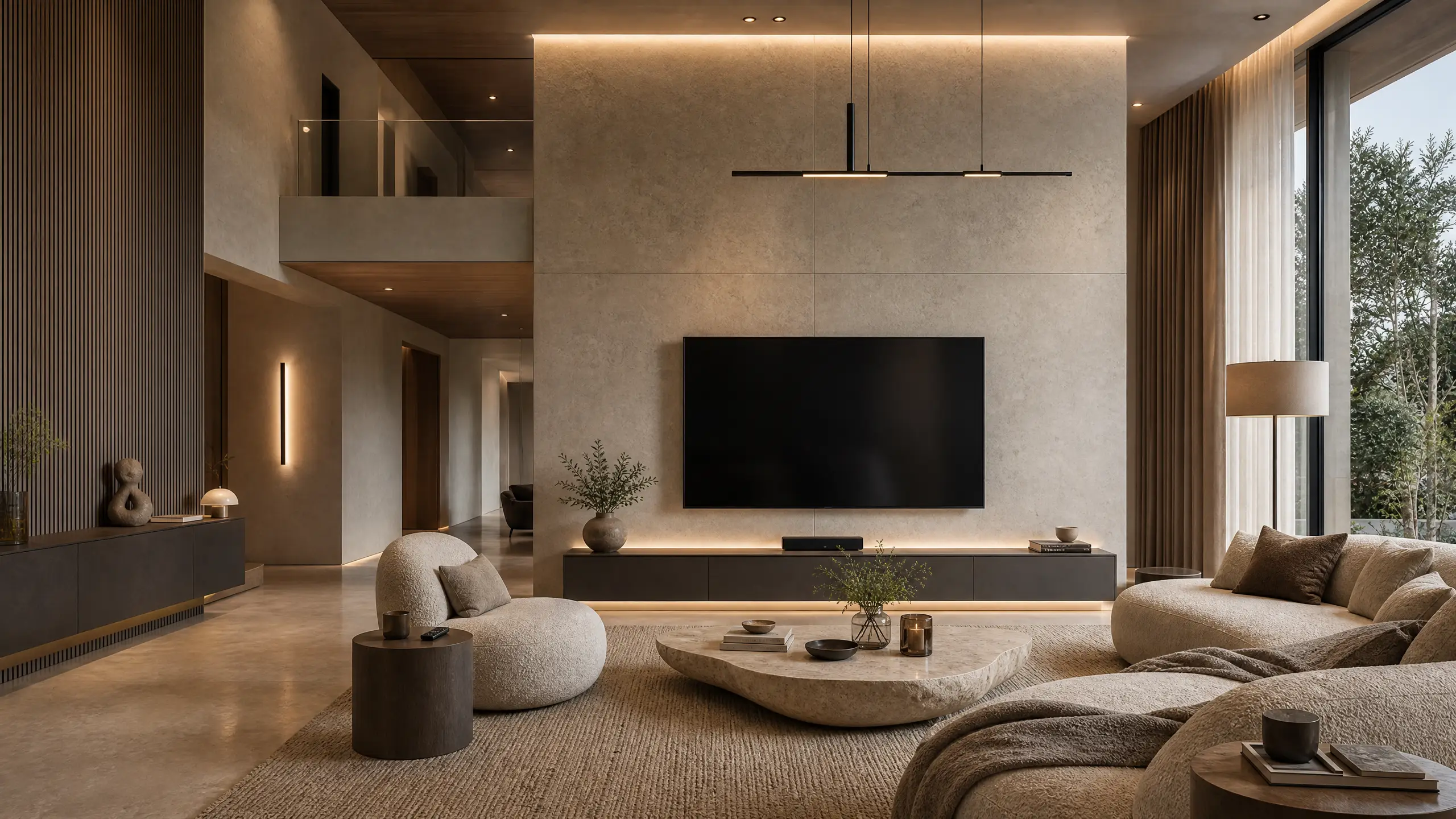 Double Height Luxury Villa Great Room With Textured TV Wall