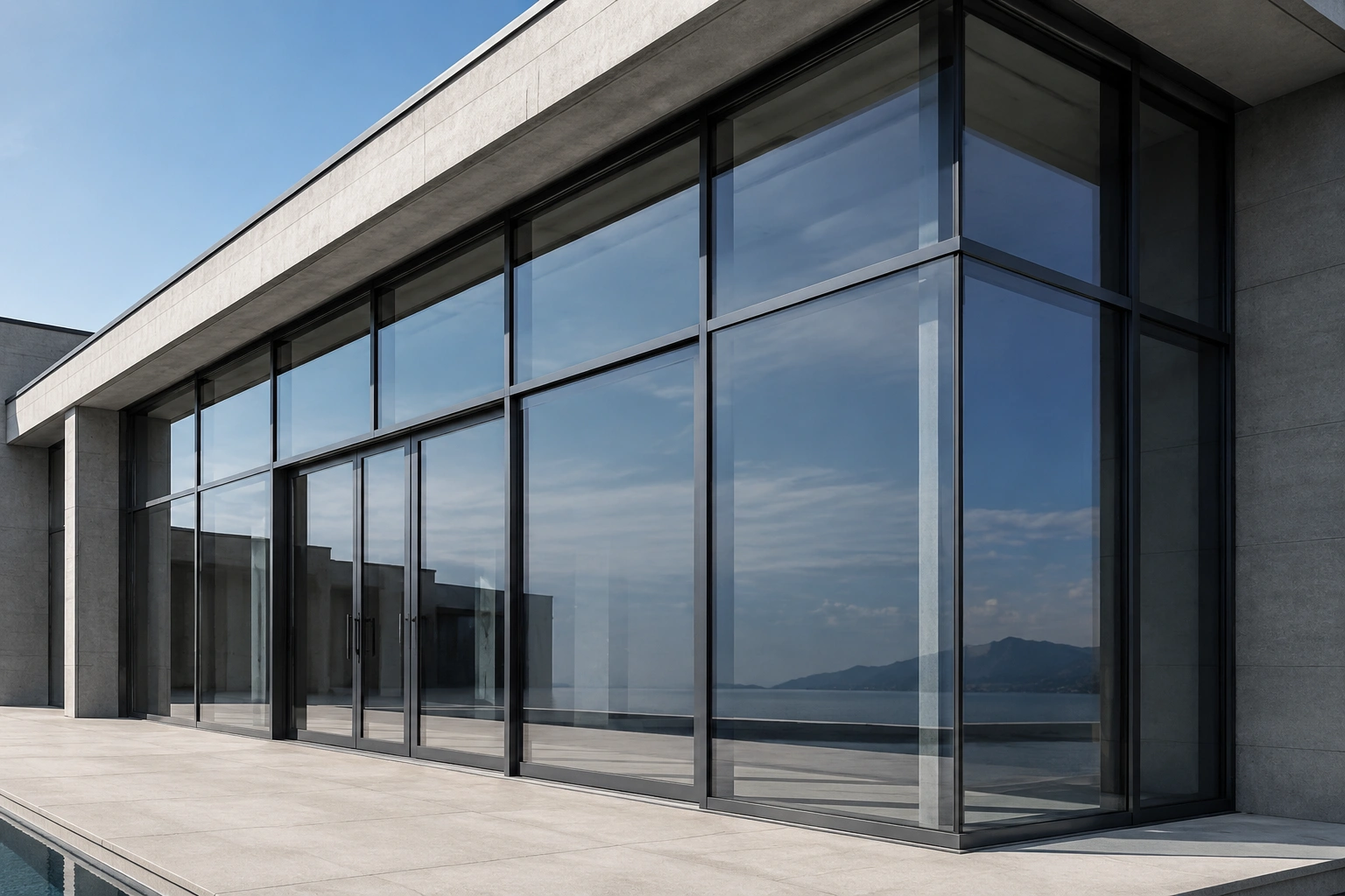 Floor-To-Ceiling Glass Sliding Doors And Aluminum Curtain Wall