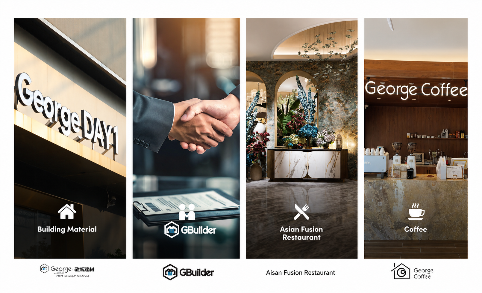 George Group services George Building Material, GBuilder, Asian Fusion Restaurant, and George Coffee