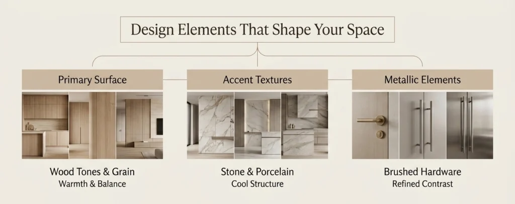 Key Interior Design Elements Wood Tones, Stone Textures, And Metallic Hardware