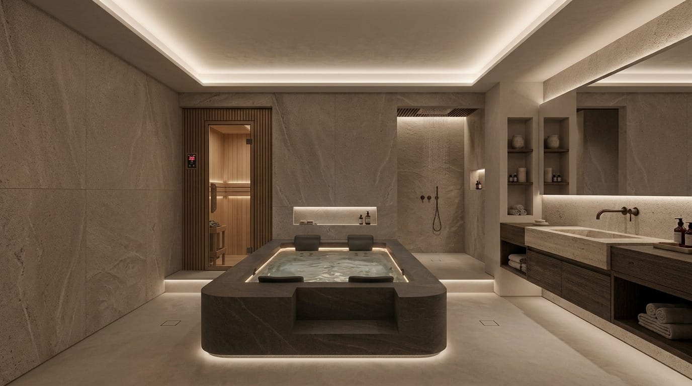 Luxury Basement Spa Room With Built-In Jacuzzi & Sauna