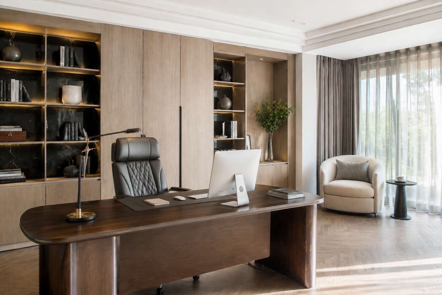 Luxury Home Office Design With Dark Wooden Desk