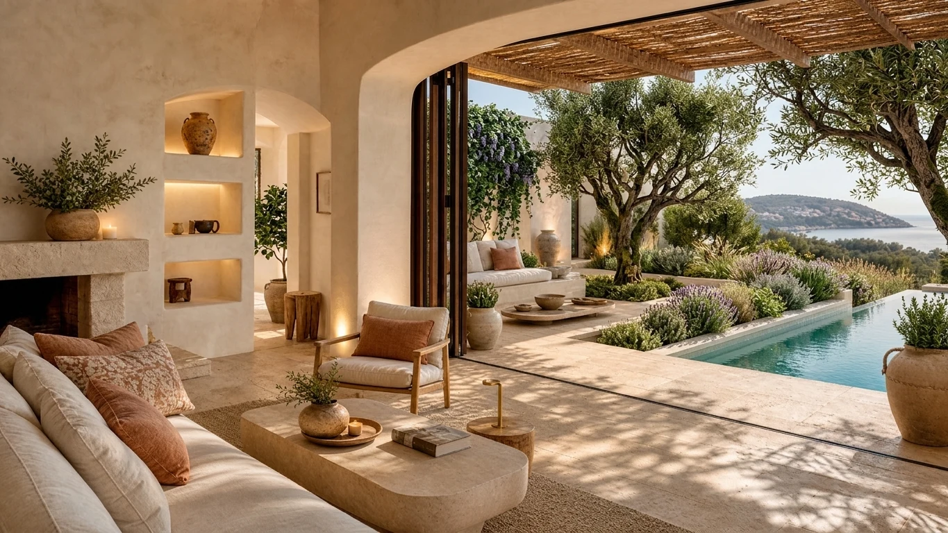Luxury Mediterranean Villa Patio With Outdoor Lounge & Pool