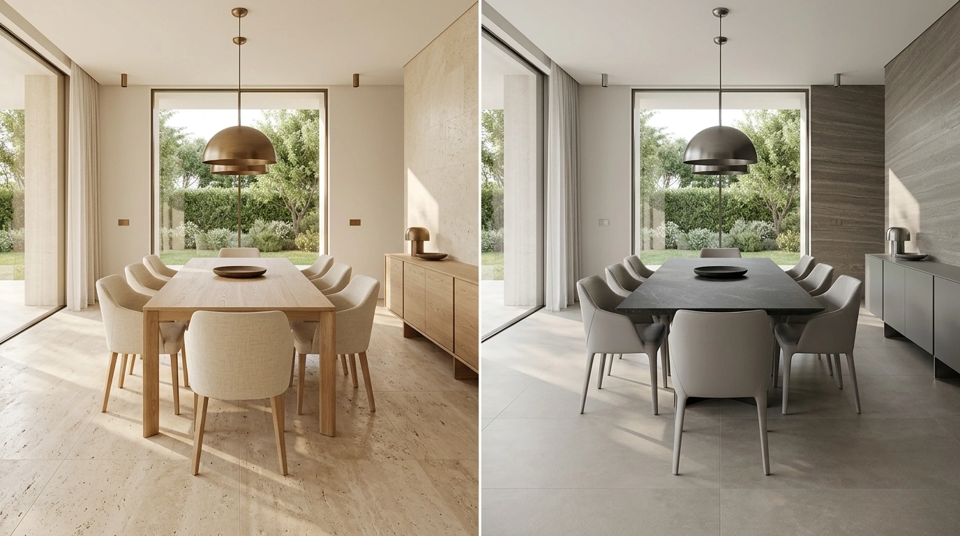 Two-Panel Material Comparison Of A Modern Dining Room