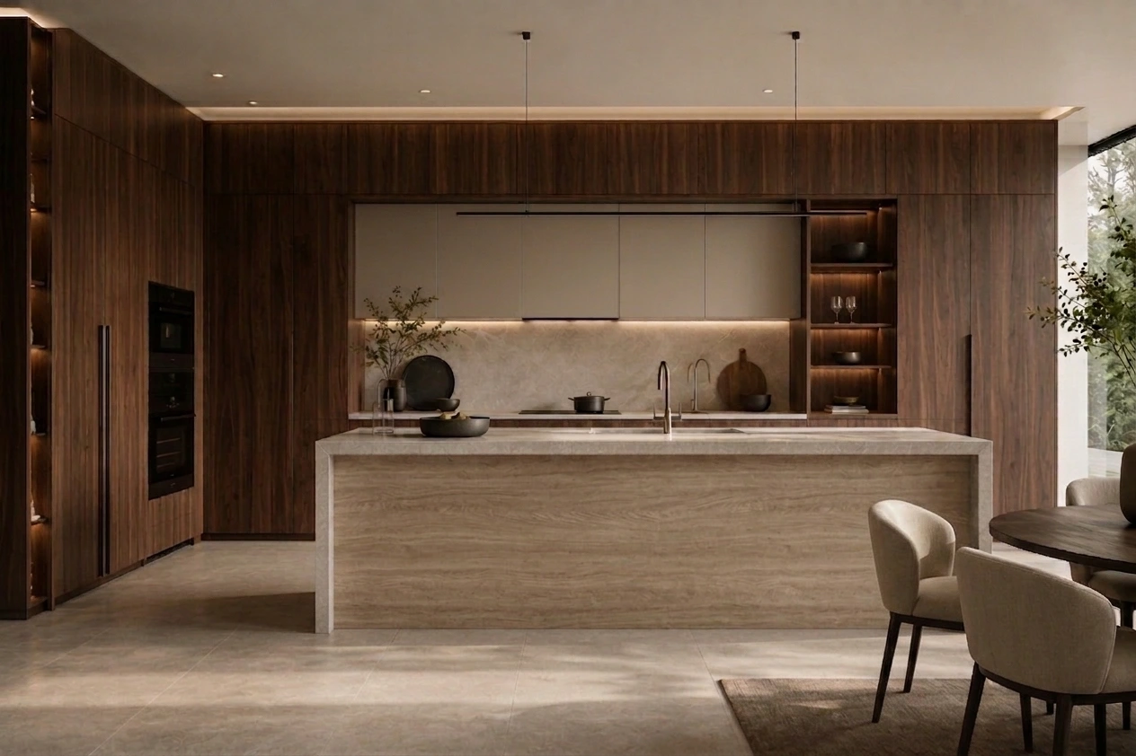 Dark Walnut Custom Cabinetry & Marble Waterfall Island
