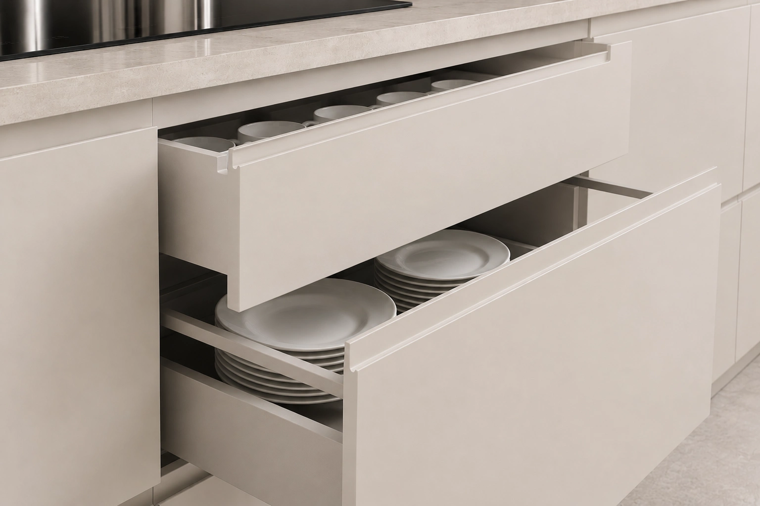 Handleless Kitchen Cabinet Drawers With J-Pull Handles