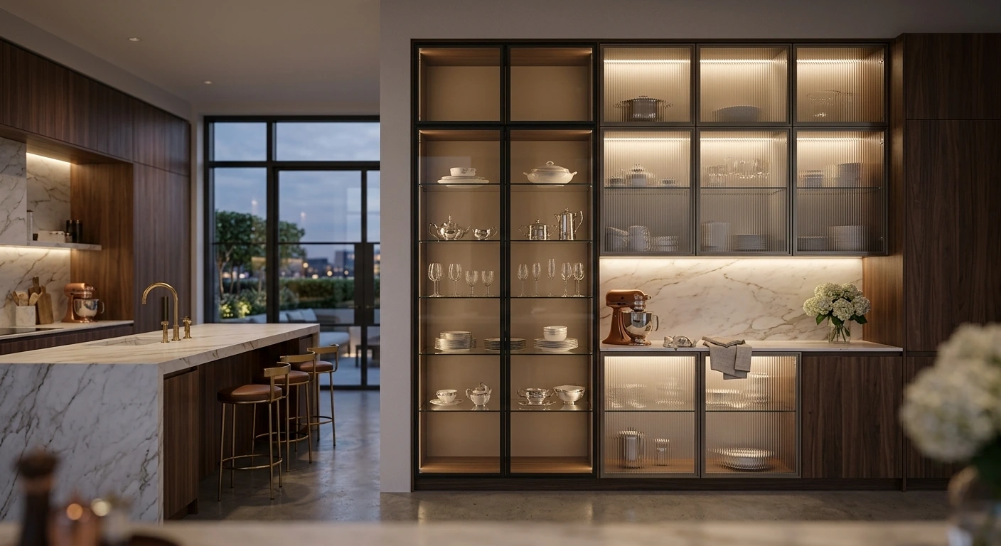 Illuminated Fluted Glass Kitchen Cabinets For Luxury Home