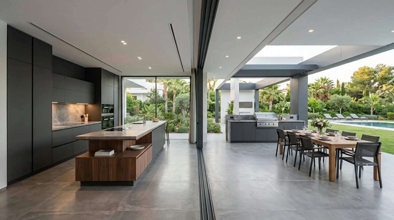 Luxury Indoor-Outdoor Kitchen With Connected Outdoor Kitchen And Dining Area
