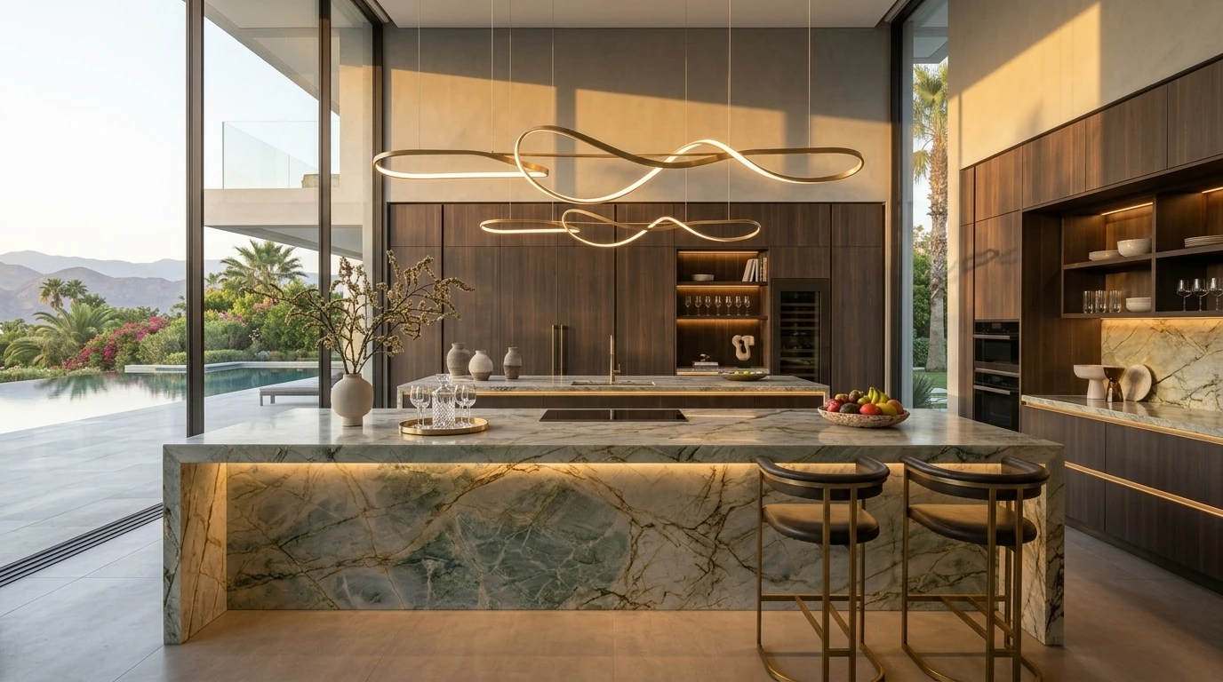 Luxury Villa Kitchen With Custom Dark Walnut Cabinets & Marble Island