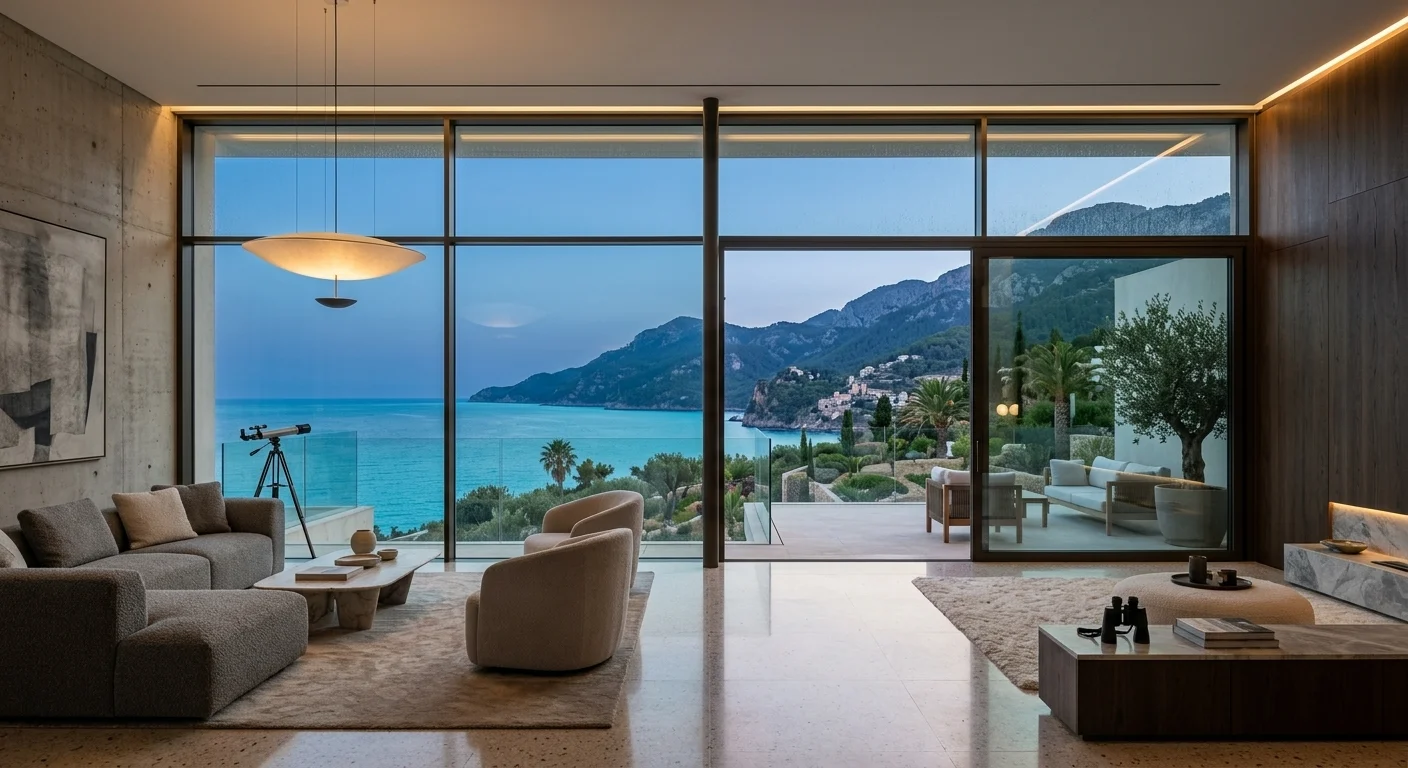 Modern Living Room With Aluminum Slim-Frame Glass Wall and Sliding Door