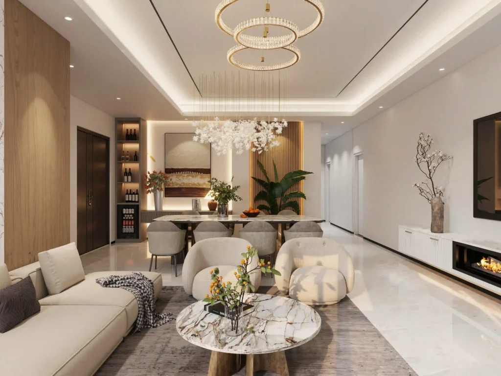 Modern Luxury Living And Dining Room With Elegant Chandelier