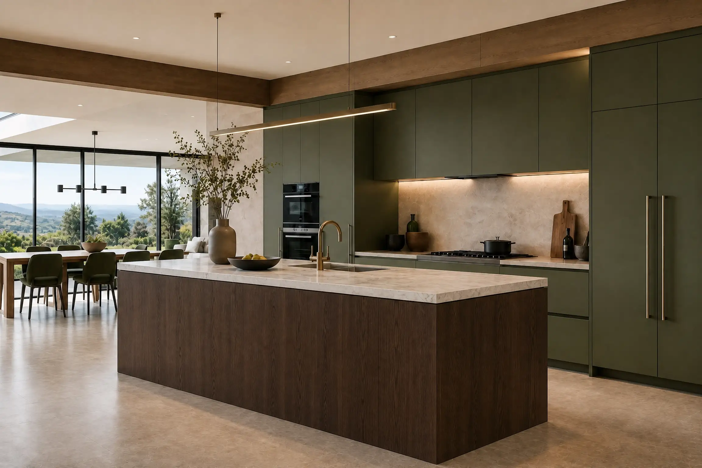 Olive Green Cabinetry With Deep Brown Kitchen Island & Marble Countertop