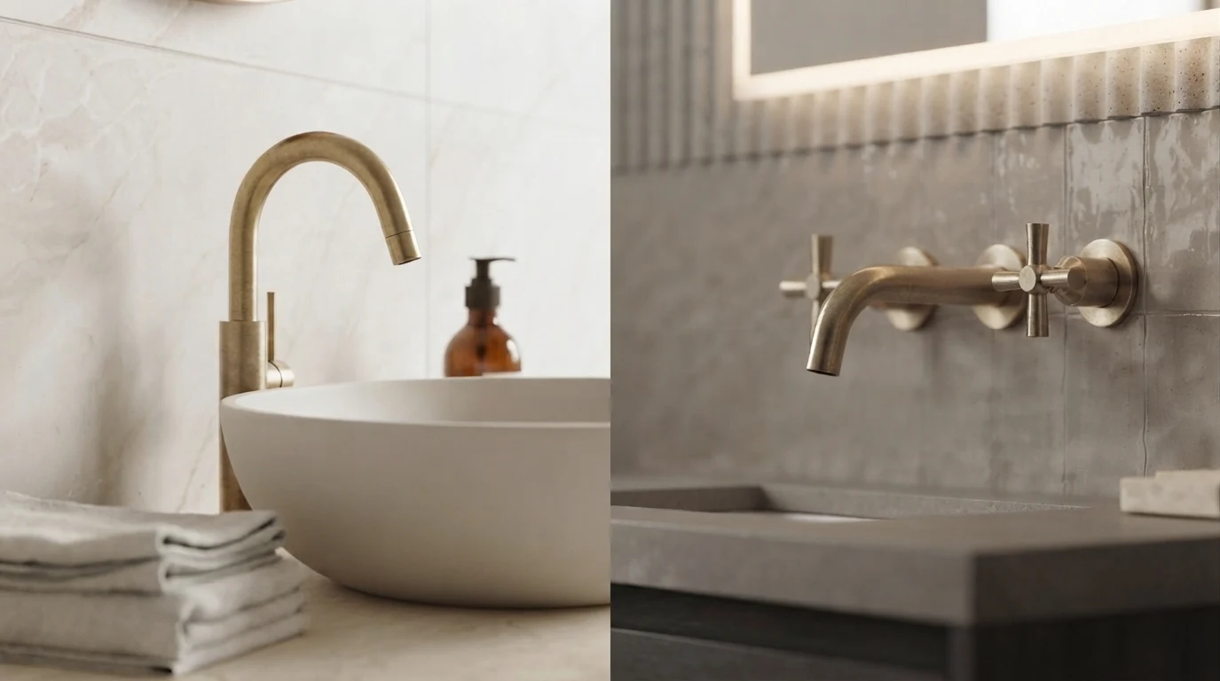 Close-Up Comparison Of Deck-Mounted And Wall-Mounted Bathroom Faucets
