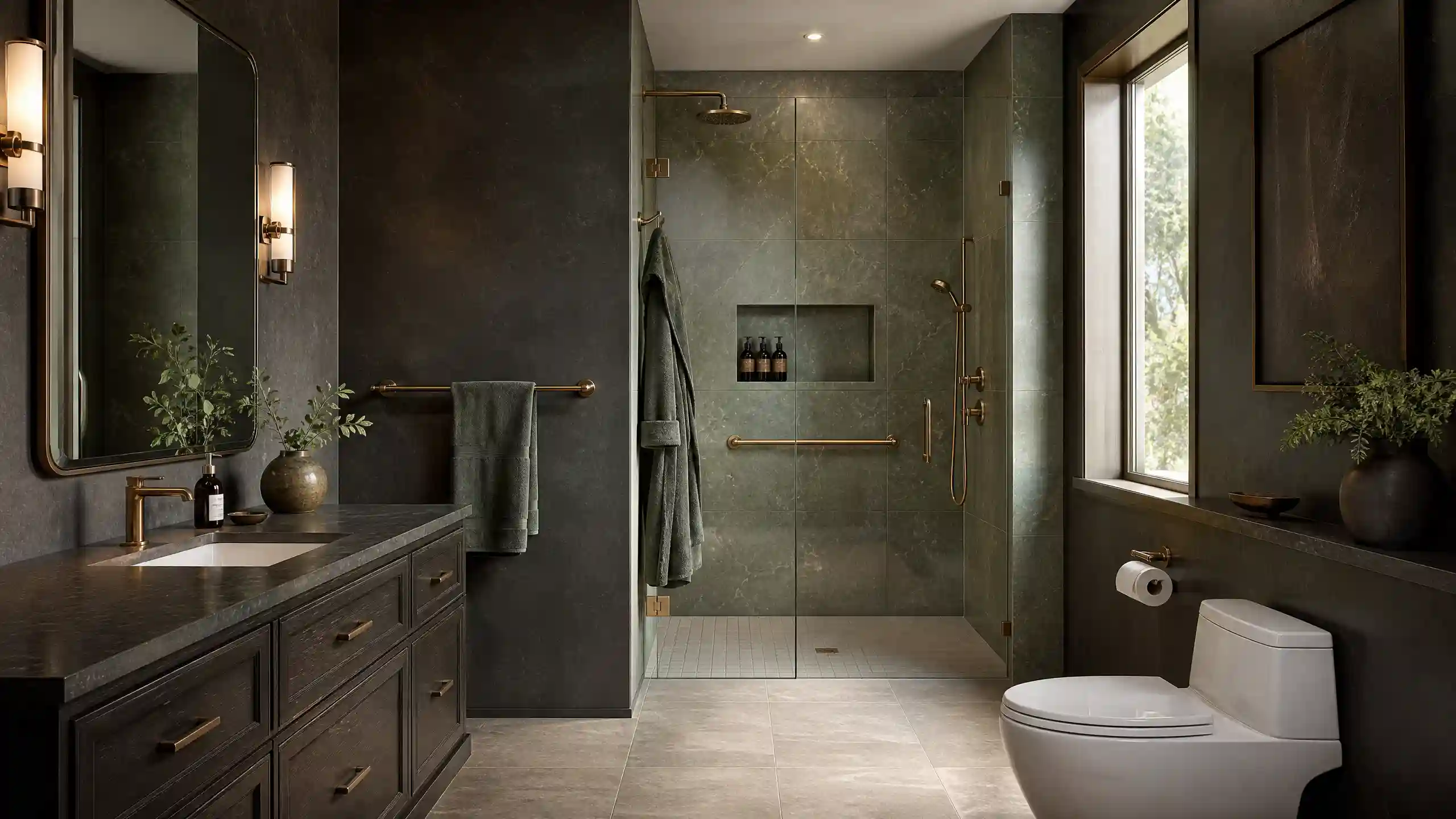 Contemporary Bathroom With Brushed Bronze Fixtures & Accessories