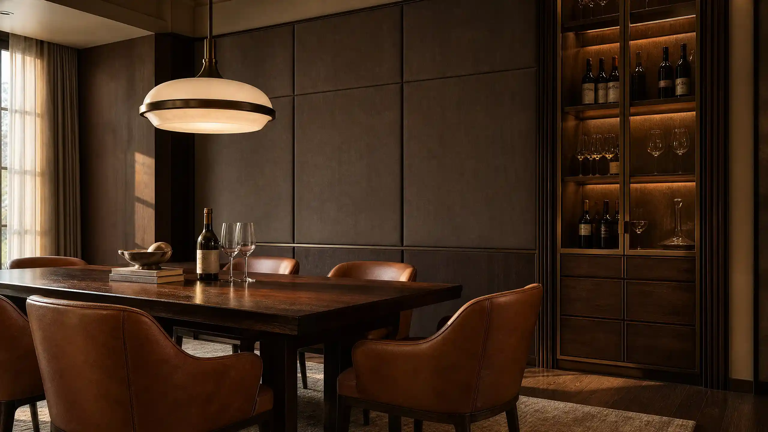 Contemporary Dining Room With Leather Chairs And Wine Cabinet