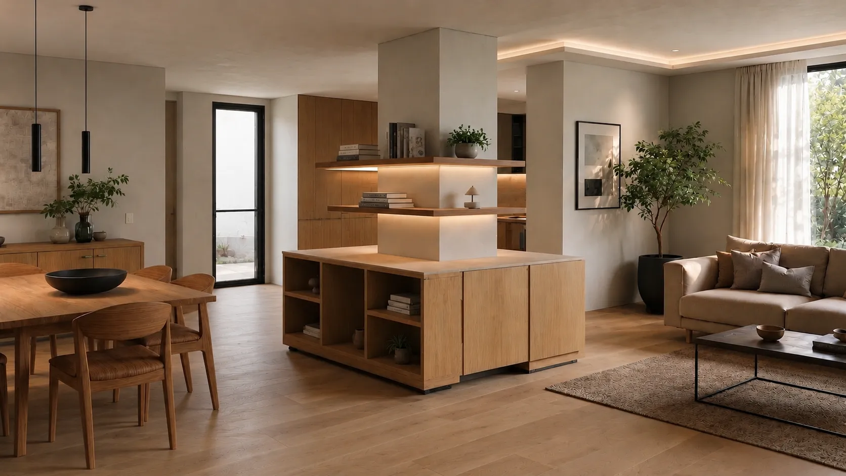 Custom Wooden Central Shelving Unit & Cabinetry