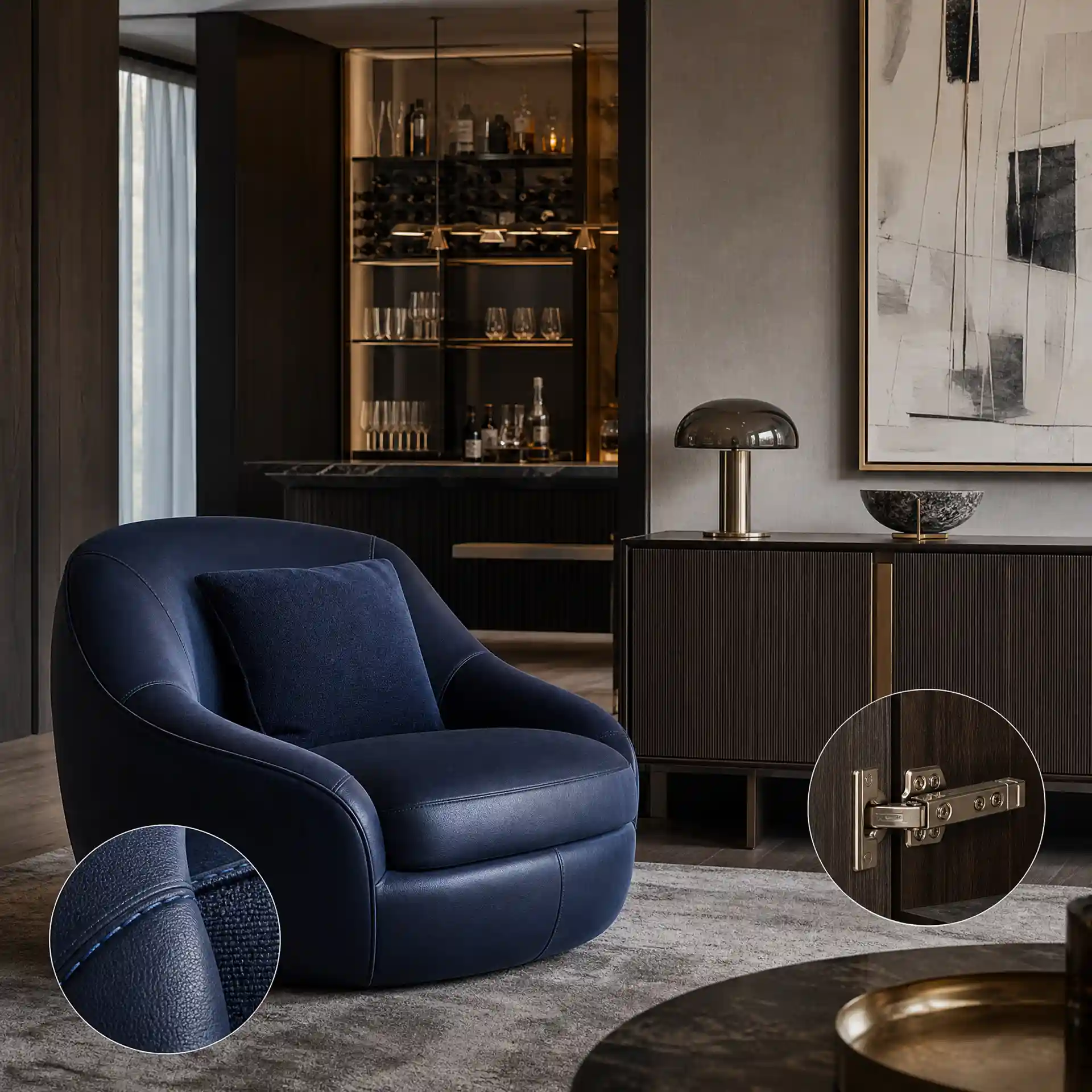 Deep Blue Lounge Chair And Wood Sideboard Details