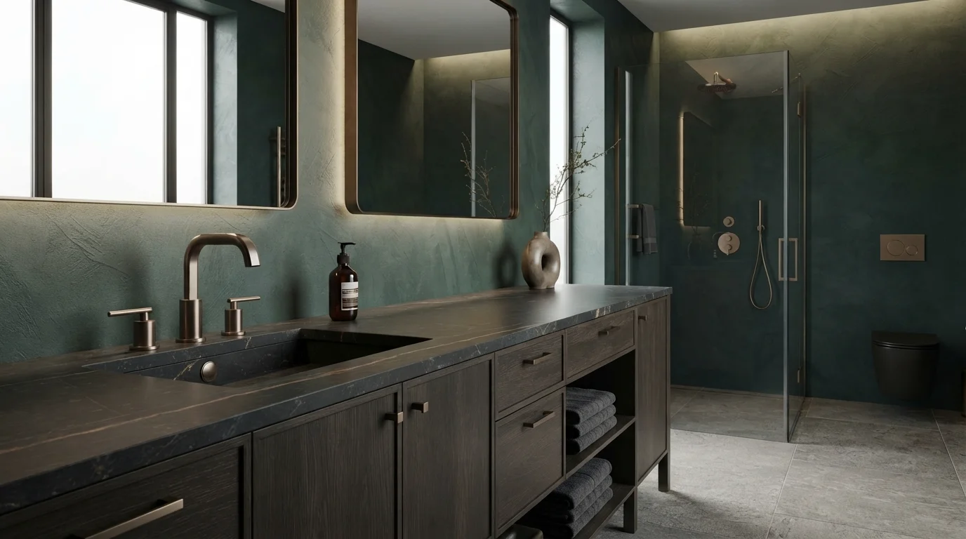 Deep Green Bathroom With Dark Smoked Wood Vanity & Brushed Bronze Hardware