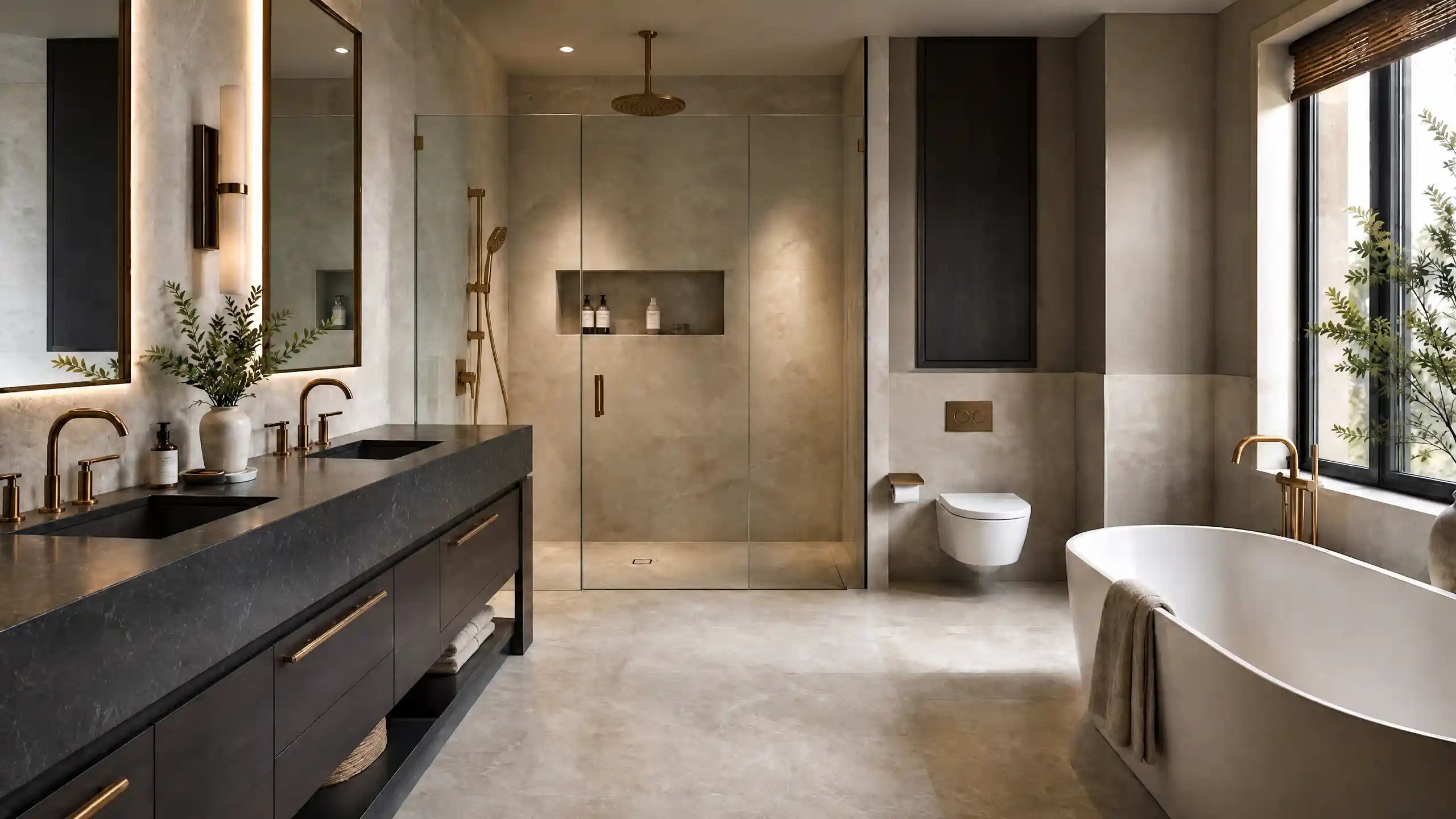 Luxury Bathroom With Brass Fixtures, Freestanding Tub, And Walk-In Shower