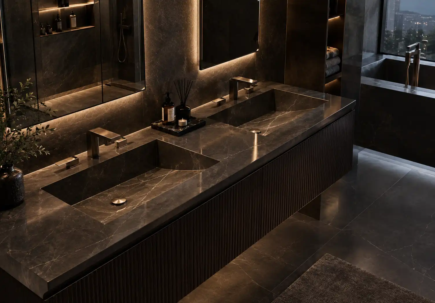 Luxury Dark Marble Double-Sink Vanity With Modern Faucets And Backlit Mirrors