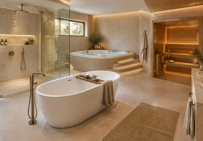 Luxury Home Spa Bathroom With Freestanding Tub, Walk-In Shower, Jacuzzi & Sauna