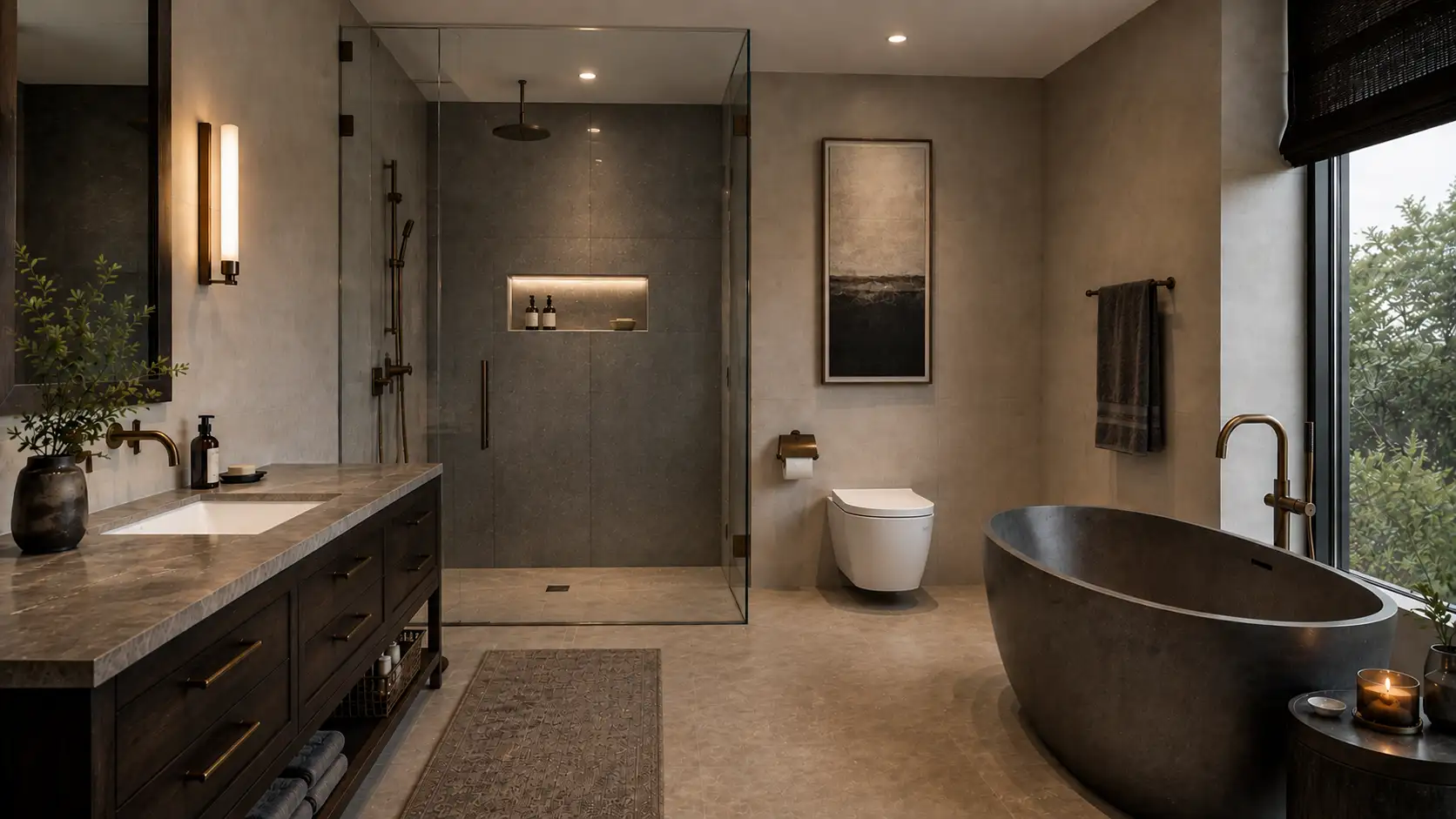 Luxury Modern Bathroom With Dark Wood Vanity and Concrete Tub