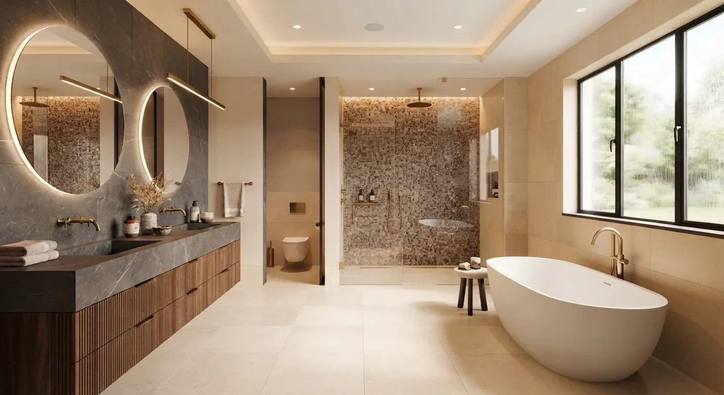 Luxury Primary Bathroom With Dark Gray Stone Vanity