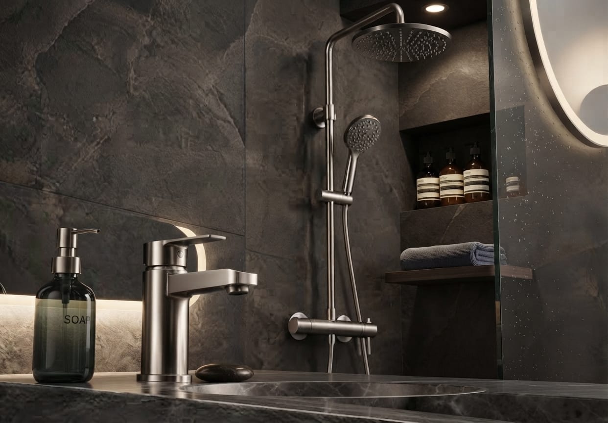 Modern Brushed Nickel Basin Faucet & Shower System