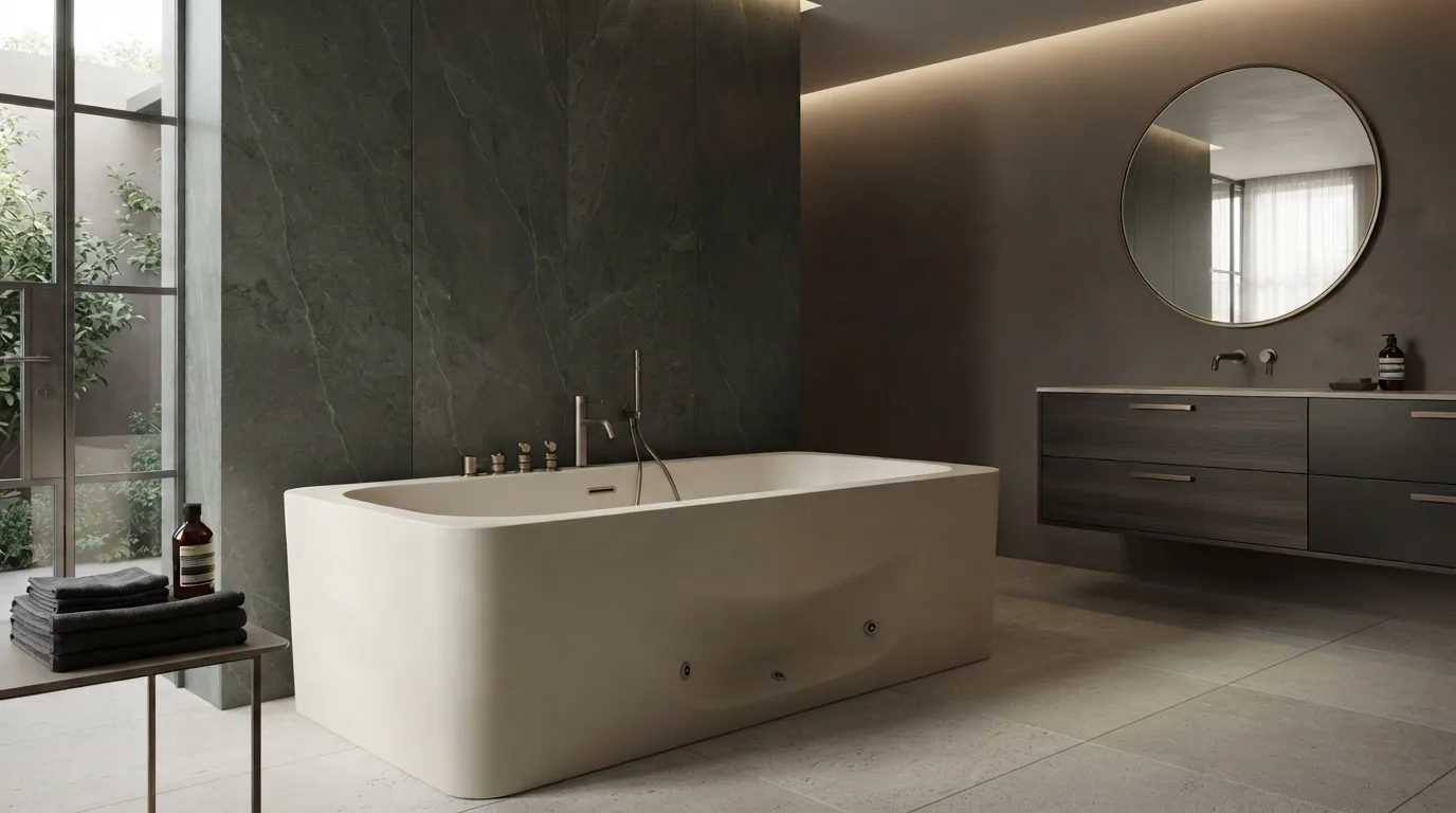 Modern Freestanding Bathtub With Integrated Jets In Dark Contemporary Bathroom Interior