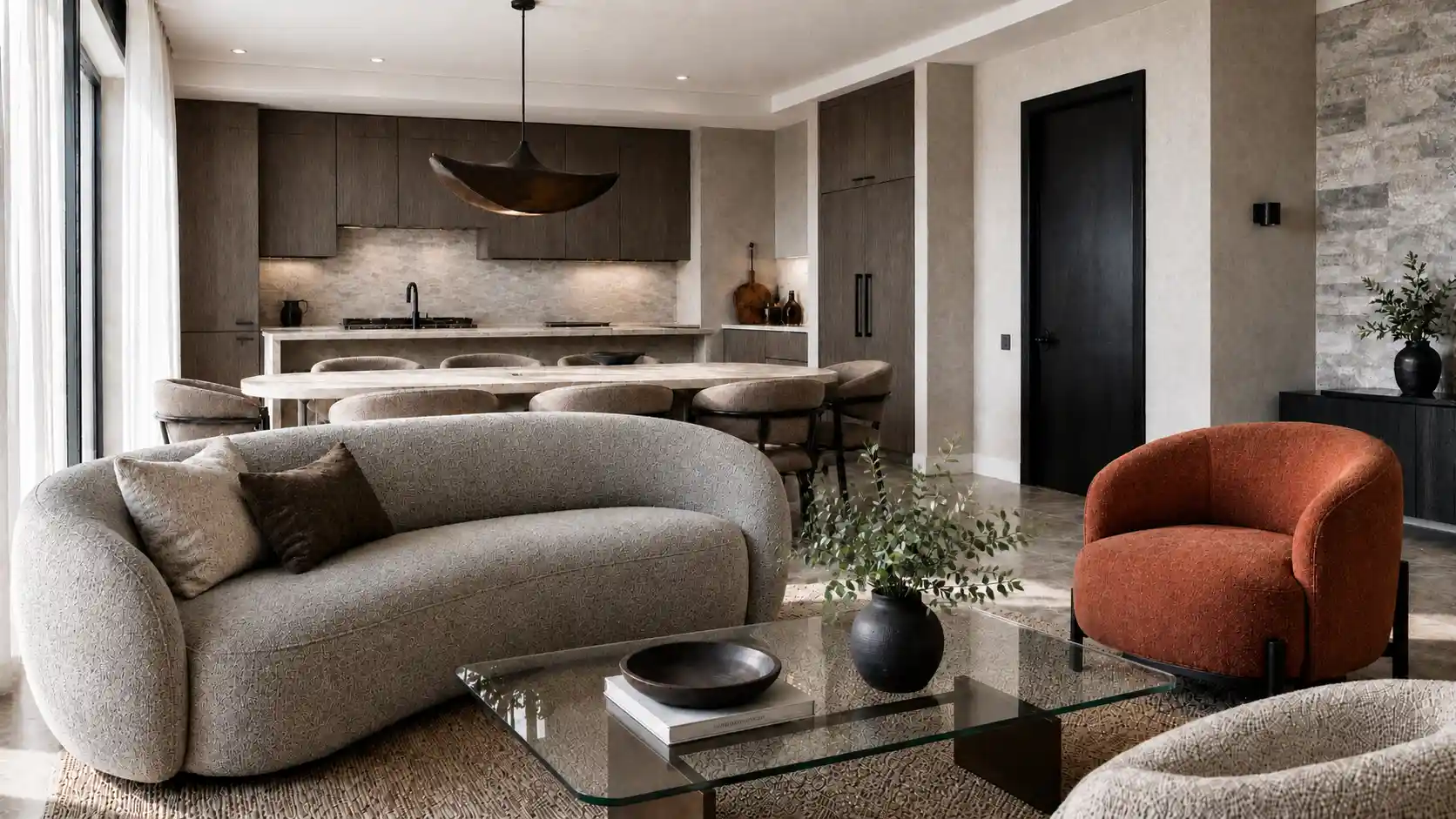 Modern Grey Sofa, Textured Orange Armchair & Glass Coffee Table in Open-Plan Living Room