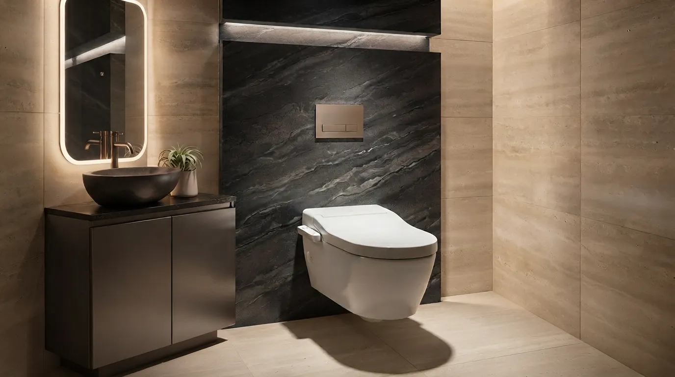 Modern Powder Room With Wall-Hung Smart Toilet